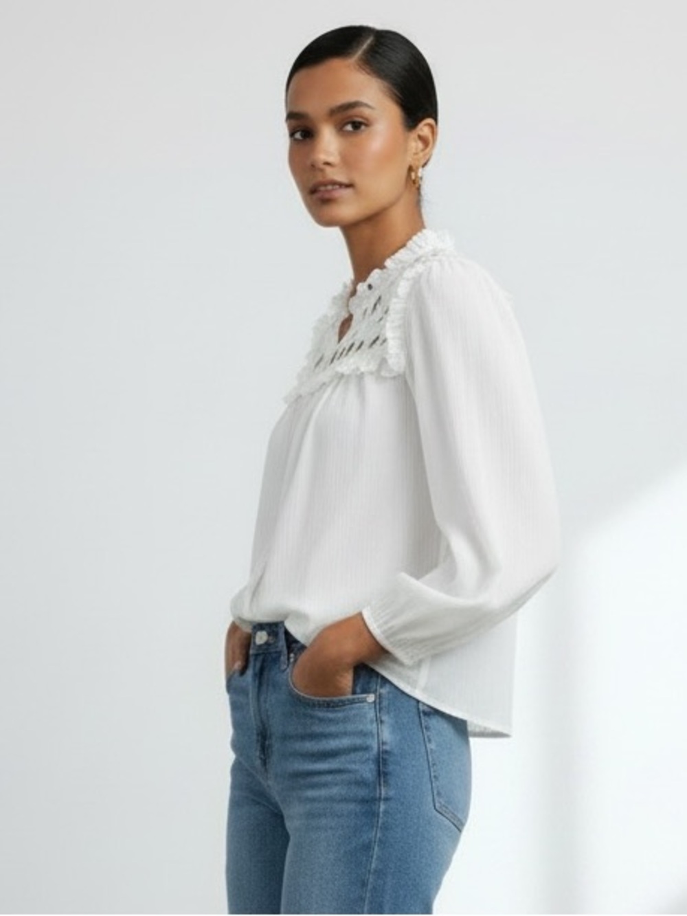 Women's White Ruffled Yoke Button-Front Blouse - Picture 6 of 10